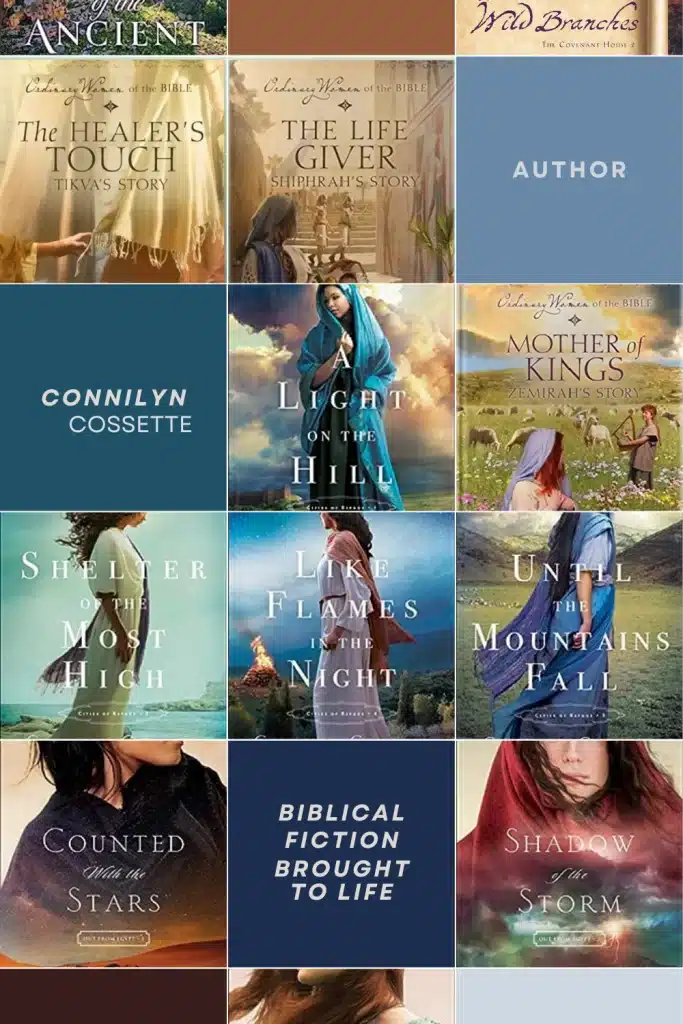 Author Connilyn Cossette Books and Series list in order. A graphic with current covers of her books on it in a mosaic style.